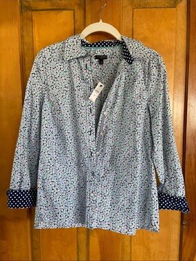 Talbots Navy, White and Light Blue Floral Button-Up Blouse